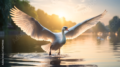 Beautiful white swan on the lake at sunset. Nature composition. © korkut82