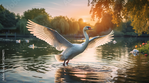 White swan on the lake at sunset. The mute swan, Cygnus olor