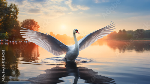 Fototapeta Naklejka Na Ścianę i Meble -  Beautiful white swan swimming on the lake at sunset. The mute swan, Cygnus olor. 