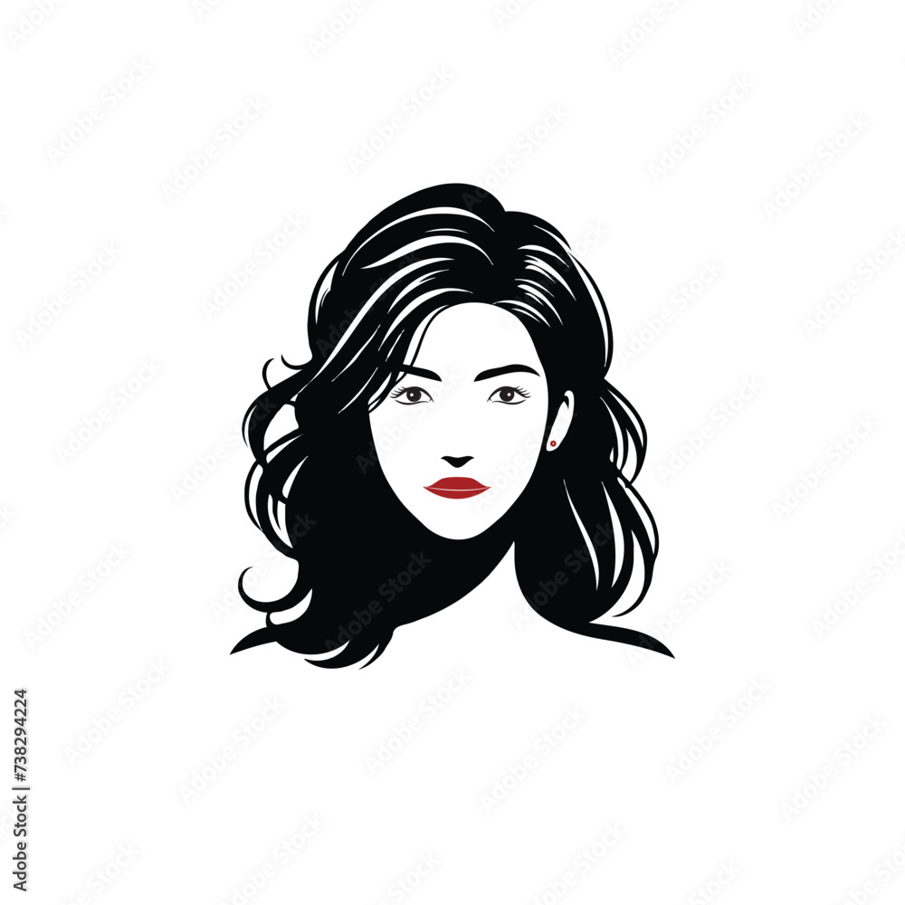 Beautiful woman face. Vector illustration isolated on white background. Black and white.
