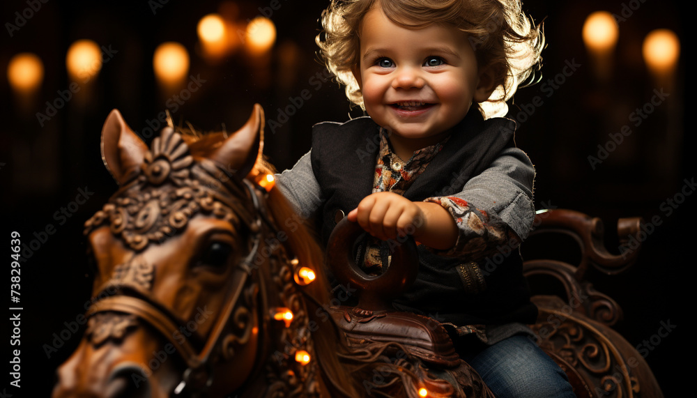 Smiling child riding carousel, joyful and illuminated generated by AI