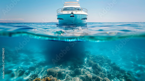 a split shot above and underwater of a boat
