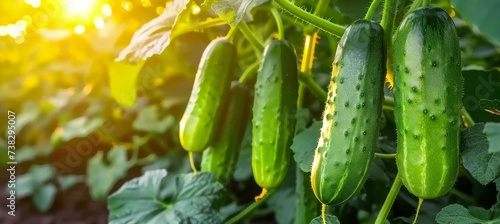 Fresh green cucumbers growing on bush in greenhouse  organic agriculture concept with copy space