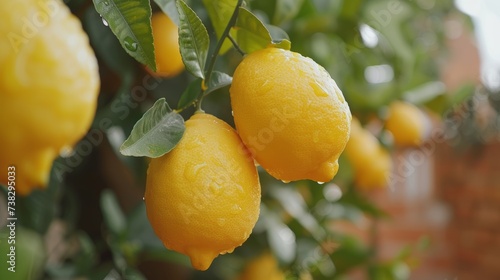 Ripe lemons growing on tree in greenhouse  healthy fruits concept with copy space
