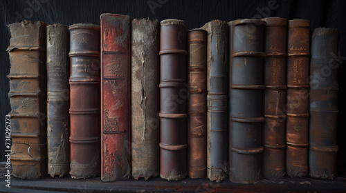 A row of weathered  leather-bound journals with worn-out pages  chronicling untold stories