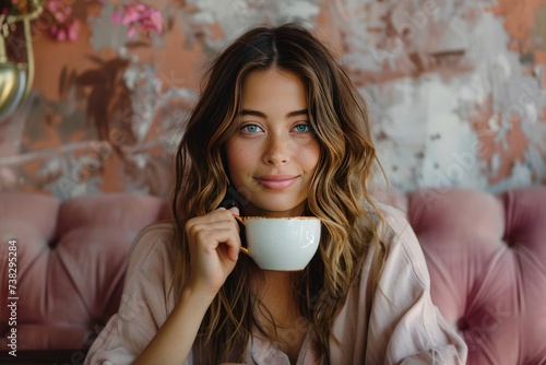 A young woman sits on a dark pink sofa drinks coffee from a white cup with a ...