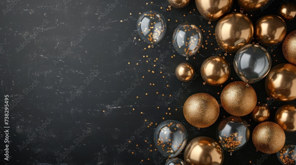 Beautiful festive minimalistic black background with gold and clear balloons on the sides Beautiful festive minimalistic black background with gold and clear balloons on the sides