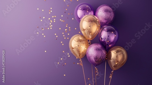 Beautiful festive minimalistic violet background with gold and clear balloons...