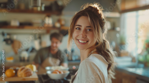 Beautiful young woman having breakfast while standing at the stove in the kit...