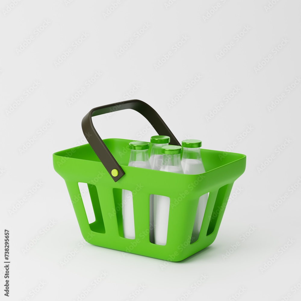 Green shopping basket with milk bottles isolated over white background. 3D rendering. Green shopping basket with milk bottles isolated over white background. 3D rendering.