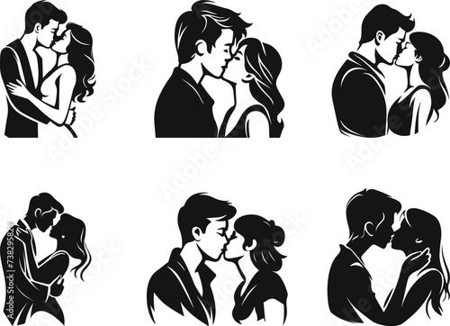 set of man woman couple kissing silhouette. flat design couple kissing silhouette