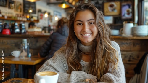 A young woman sits at a table in a cafe. There is a cup of coffee on the tabl...