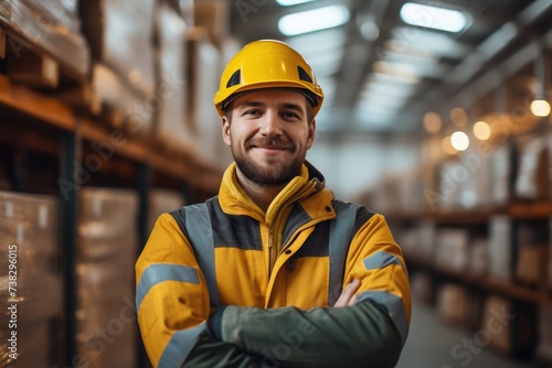 A smiling man in a yellow hard hat stands confidently with arms crossed in a warehouse setting © cvetikmart