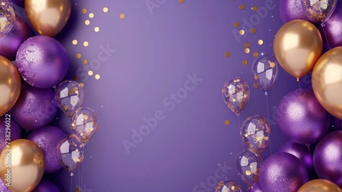 Beautiful festive minimalistic violet background with gold and clear balloons...