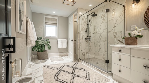 Modern bathroom interior with marble tiles, black faucet