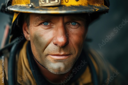 Close-up portrait of a gritty firefighter with a soot-smeared face, reflecting dedication and bravery.
