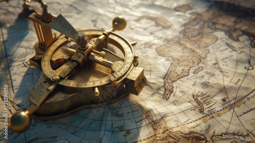 A tarnished brass sextant placed on a nautical chart, reflecting a history of maritime navigation