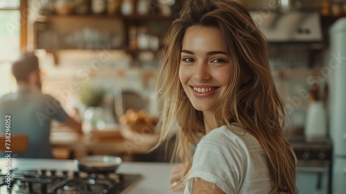 Beautiful young woman having breakfast while standing at the stove in the kit...