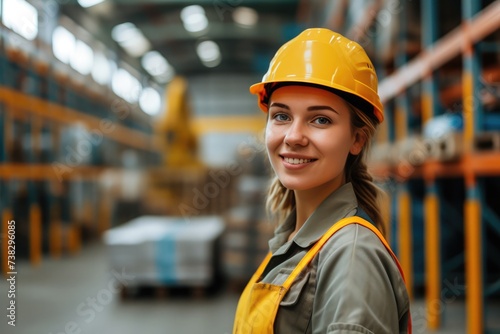 Confident female engineer smiles in an industrial setting, wearing a safety helmet and vest
