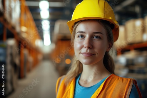 A confident female warehouse worker in a yellow hard hat and orange high-visibility vest smiles at the camera