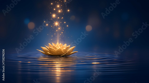 Golden lotus flower, stylized with sparkling lights and starry effects, is gently floating on tranquil dark blue waters, exuding a magical ambiance