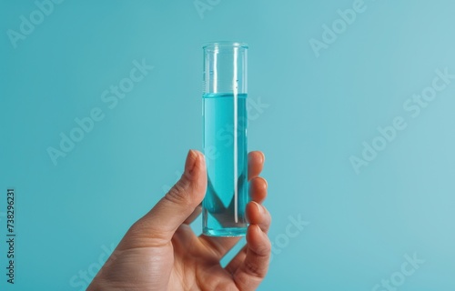 person holding test tube up with blue background