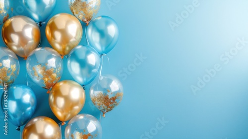 Beautiful festive minimalistic blue background with gold and clear balloons on the sides
