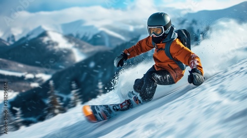 A young snowboarder rides down an alpine mountain at high speed © olegganko