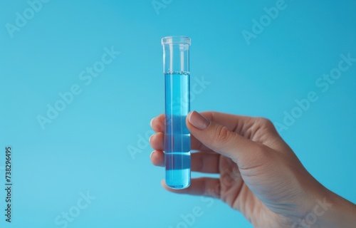 person holding test tube up with blue background