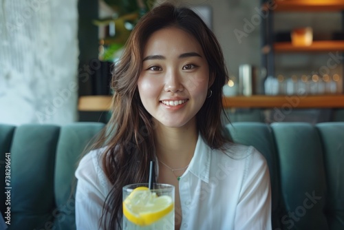Young Asian woman sitting on a dark green sofa with a glass of lemonade. She ...