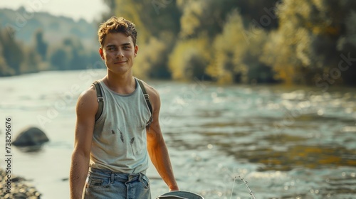 A young man walks in denim shorts and a sleeveless T-shirt with a metal bucke...