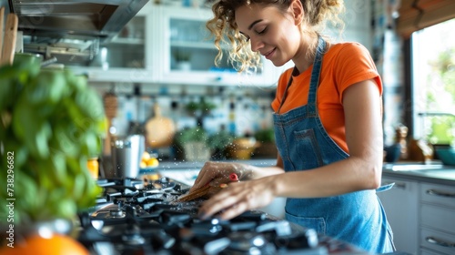 A young woman in an orange T-shirt, blue jeans and a bright blue apron washes...
