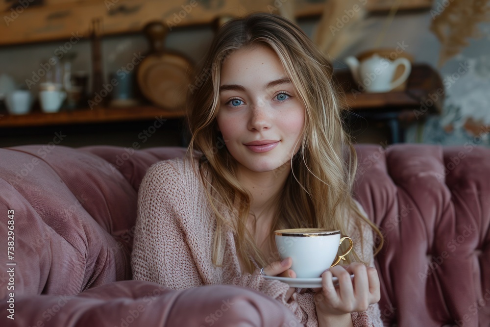 A young woman sits on a dark pink sofa drinks coffee from a white cup with a gold handle and looks at the camera A young woman sits on a dark pink sofa drinks coffee from a white cup with a gold handle and looks at the camera