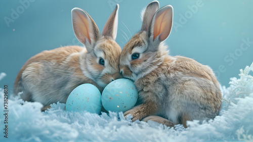A heartwarming image showcasing a pair of Easter bunny rabbits nuzzling beside a cluster of blue painted eggs on a serene light blue surface