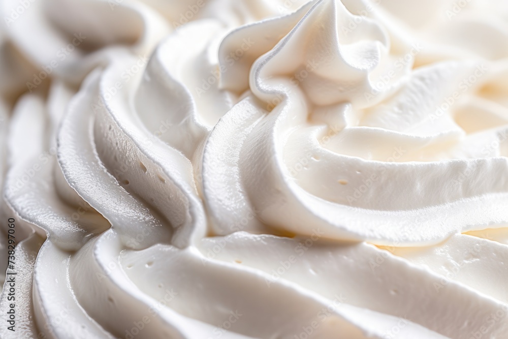 Close up view of pure white cream, masterfully swirled to showcase its glossy peaks and smooth texture, embodying both simplicity and decadence Close up view of pure white cream, masterfully swirled to showcase its glossy peaks and smooth texture, embodying both simplicity and decadence