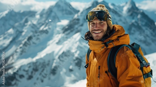 Snowboarder rides a snowboard from a big mountain. He smiles and looks at the...