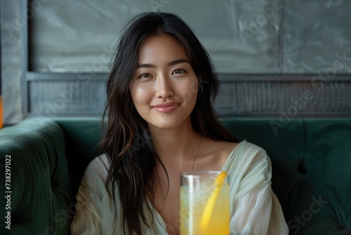 Young Asian woman sitting on a dark green sofa with a glass of lemonade. She ...