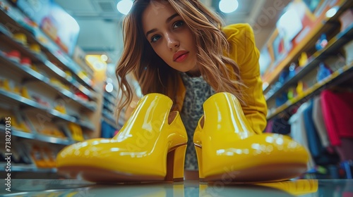 Beautiful young woman trying on bright yellow shoes in a store