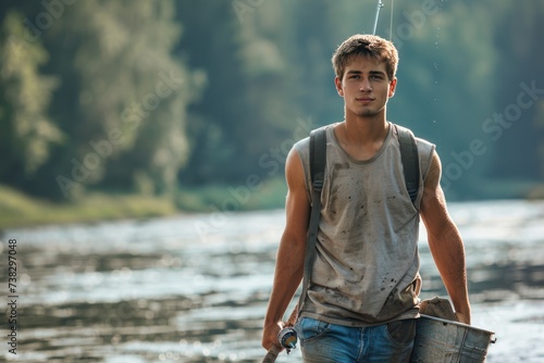 A young man walks in denim shorts and a sleeveless T-shirt with a metal bucke...