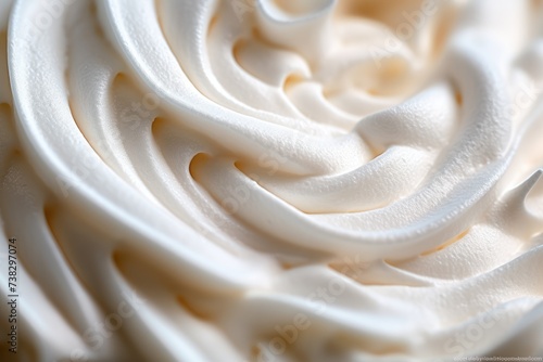 Close up view of pure white cream, masterfully swirled to showcase its glossy peaks and smooth texture, embodying both simplicity and decadence