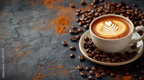 Beautiful minimalistic background with a cup of cappuccino and coffee beans and plenty of space for text