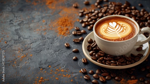 Beautiful minimalistic background with a cup of cappuccino and coffee beans a...