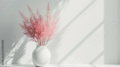 Dried pink plants bunnies ponytails stand in a white abstract vase shape on a...