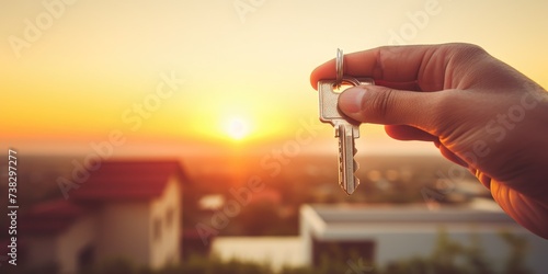 Hand with a key on the background of the house
