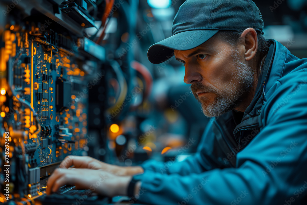A skilled IT professional troubleshooting and fixing computer hardware issues in a busy office. Concept of technology support and IT services. Generative Ai. A skilled IT professional troubleshooting and fixing computer hardware issues in a busy office. Concept of technology support and IT services. Generative Ai.