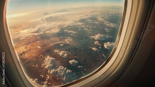 beautiful view through airplane window of sky clouds earth and land marks