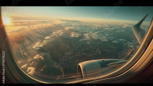 beautiful view through airplane window of sky clouds earth and land marks