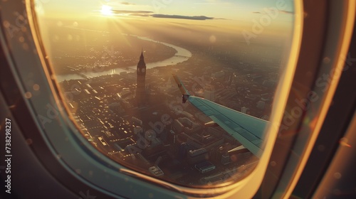 beautiful view through airplane window of sky clouds earth and land marks