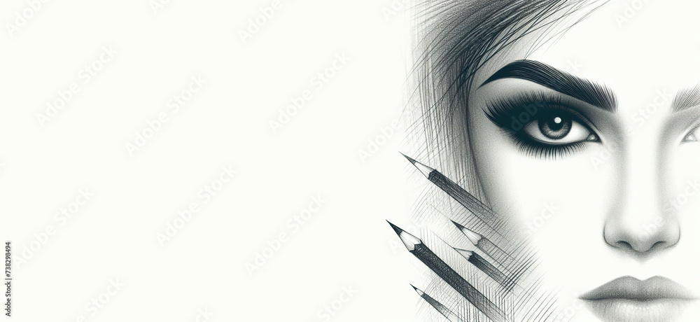 Fototapeta premium Pencil sketch face silhouette woman eyes looking at camera aside on white background copy space for your conceptual text advertisement. Image digitally altered digital effects. Generative AI.
