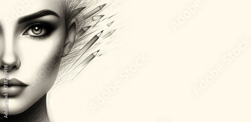 Pencil sketch face silhouette woman eyes looking at camera aside on white background copy space for your conceptual text advertisement. Image digitally altered digital effects. Generative AI.